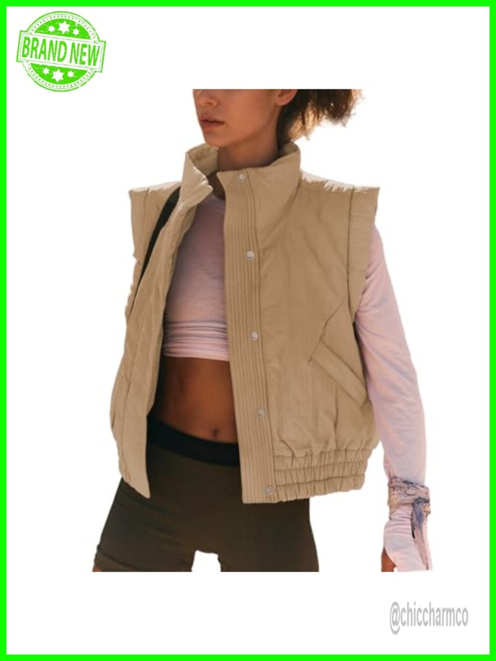 Cropped Puffer Vest Button Sleeveless Light Jacket Scrunch Collar Gilet with